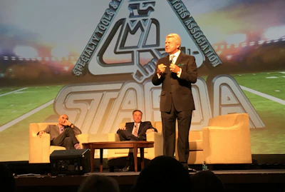 Former college and NFL head coach and current FOX NFL Analyst Jimmy Johnson delivers his keynote speech during STAFDA's General Session on Nov. 7. (ID photo)
