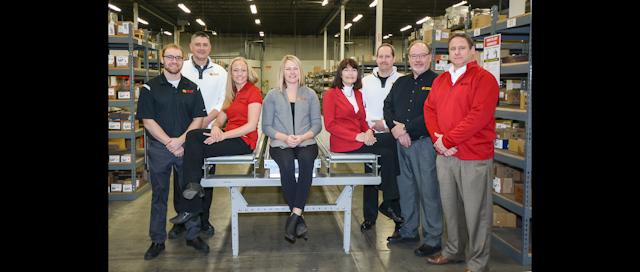 From left: JJ O'Brien - inside sales manager; Ryan Shaw - VP of sales; Aryn Young - marketing director; Nicole Baltes - VP of procurement; Michele Kruchten - controller; Bob Bridgeman - VP of product development; Loren O'Brien - CEO; Todd Boone - EVP.