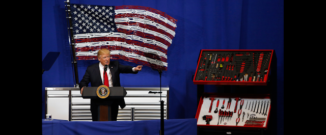 President Donald Trump speaks at Snap-On Tools, Tuesday, April 18, 2017, in Kenosha, Wis. (AP Photo/Kiichiro Sato)