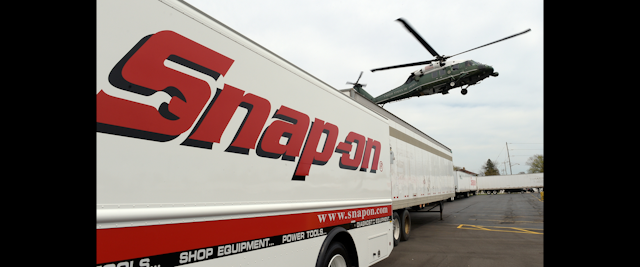 Marine One, with President Donald Trump aboard, arrives at tool manufacturer Snap-on Inc., in Kenosha, Wis., Tuesday, April 18, 2017. Trump visited the headquarters of tool manufacturer Snap-on Inc., and will later sign a an executive order that seeks to
