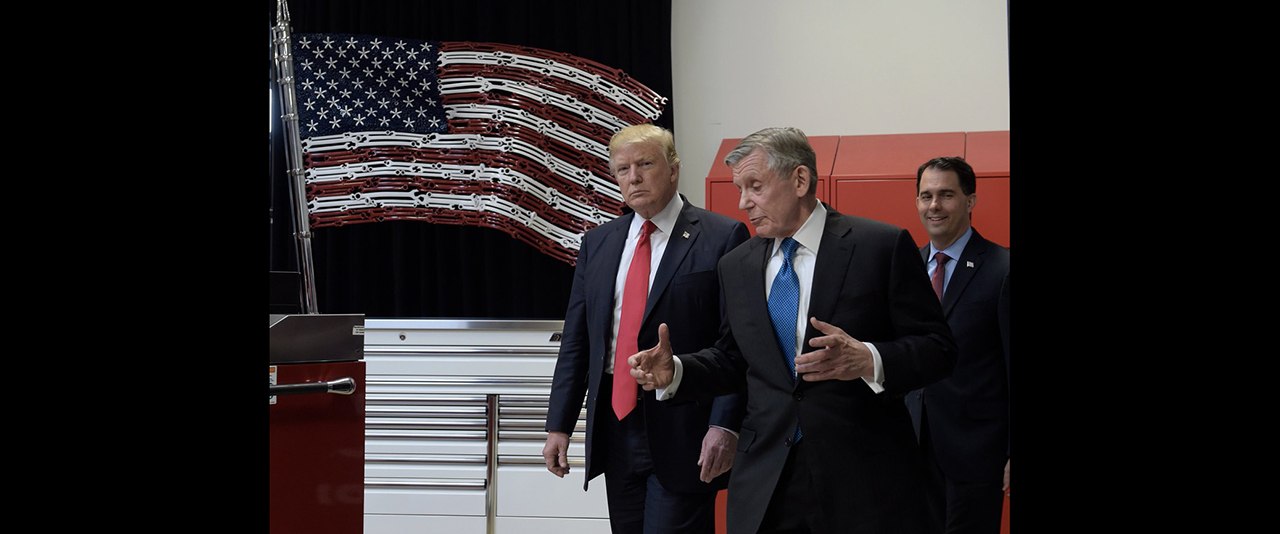 President Donald Trump gets a tour of the headquarters of Snap-on from CEO Nicholas Pinchuk on April 18 in Kenosha, WI. (Susan Walsh/AP Photo)