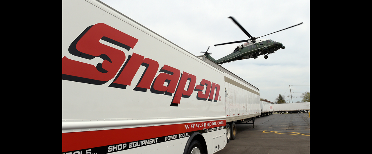 Marine One, with President Donald Trump aboard, arrives at tool manufacturer Snap-on in Kenosha, Wis., on April 18. (AP photo)
