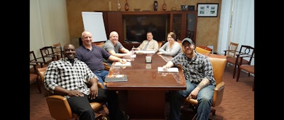 From left: JGB managers Dave Cannon, Darrel Lennox, Gary Himes, VP of Operations Josh Defino, managers Jamie Shene and Freddy Mitchell gather for a daily production meeting. (JGB photo)