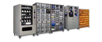 From left: Apex Supply Chain Technology’s Edge automated dispensing device, Axcess smart locker, MegaStore system and Actylus smart bins exemplify advances in industrial vending. (Apex photo)