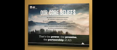 AD's core beliefs posted inside the buying group's Wayne, PA headquarters office. (ID photo)
