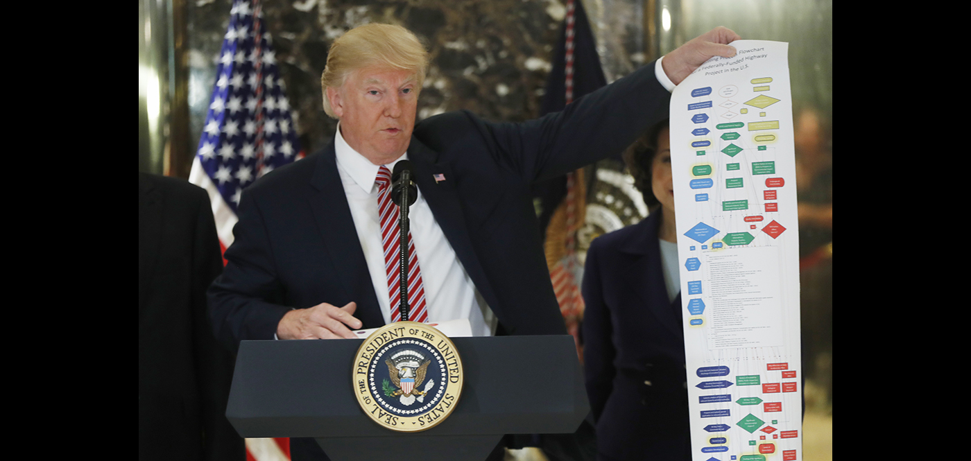 a flowchart of highway projects as he speaks to the media in the lobby of Trump Tower in New York on Tuesday. (AP Photo/Pablo Martinez Monsivais)