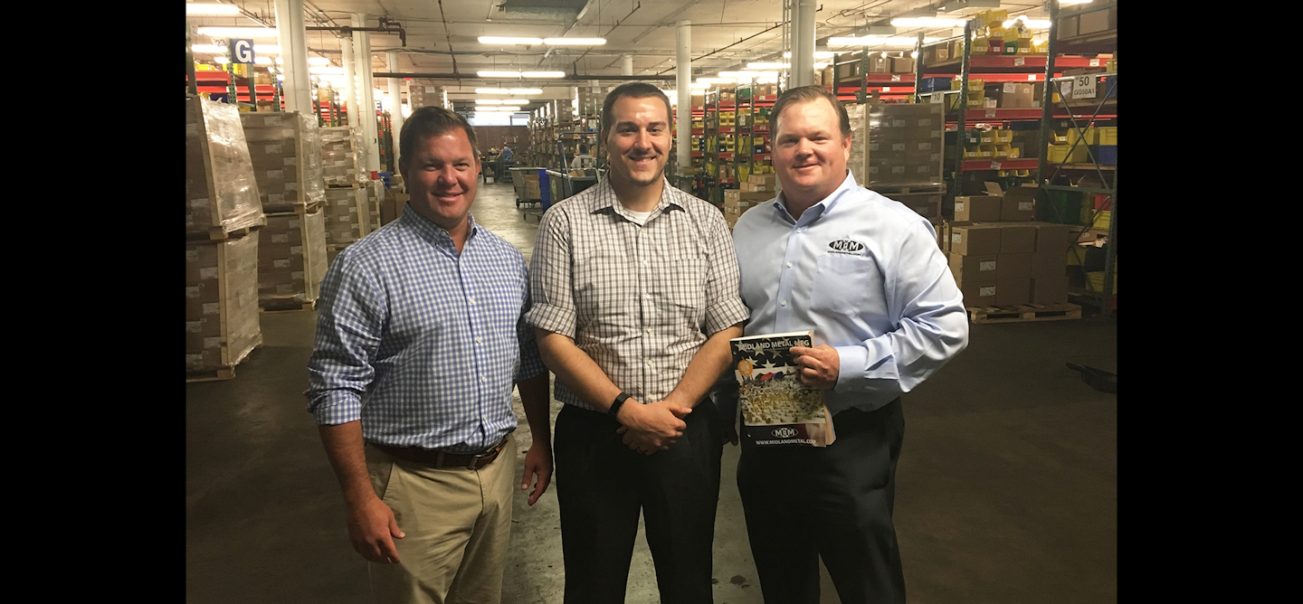 From Left: Midland vice president/owner Billy Hodes, ID editor Mike Hockett and Midland national sales manager Brett Powell in Midland's Kansas City warehouse. (ID photo)