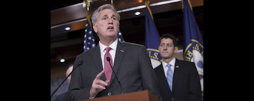 Majority Leader Kevin McCarthy, joined by Speaker of the House Paul Ryan, touts the GOP tax reform plan being crafted in the Ways and Means Committee this week, during a news conference on Capitol Hill in Washington on Tuesday (AP photo)