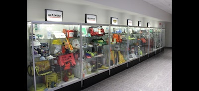 A museum-like display of Grainger products inside the hotel-like first floor lobby area.