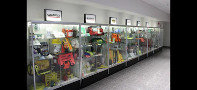 A museum-like display of Grainger products inside the hotel-like first floor lobby area.