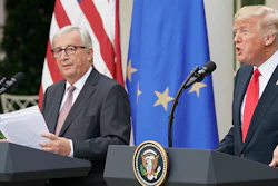 President Donald Trump and European Commission president Jean-Claude Juncker speak in the Rose Garden of the White House Wednesday. (AP)