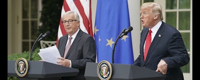 President Donald Trump and European Commission president Jean-Claude Juncker speak in the Rose Garden of the White House Wednesday. (AP)