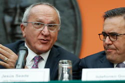 Jesus Seade, designated chief negotiator of Mexican President-elect Andres Manuel Lopez Obrador, gestures while speaking as Mexico's Secretary of Economy, Ildefonso Guajardo, looks on during their news conference at the Mexican Embassy in Washington. (AP)
