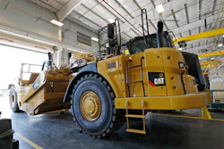 In this Sept. 18, 2019 photo, a new heavy duty Caterpillar grader awaits modification at Puckett Machinery Company in Flowood, MS.