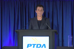 Sandy Sullivan delivering her Wendy B. McDonald Award acceptance speech during the PTDA Industry Summit Oct. 25 in Austin, TX.