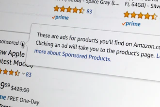 This photo from Oct. 31 shows the sponsored logo, and explanation, in an Amazon product offering on a computer screen in New York.