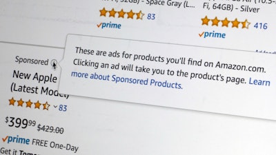 This photo from Oct. 31 shows the sponsored logo, and explanation, in an Amazon product offering on a computer screen in New York.