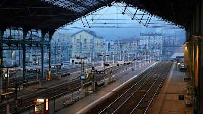 An empty platform is pictured during a railway strike at the Lyon Perrache train station, central France, Thursday, Dec. 5, 2019. Most French trains are at a standstill as unions hold nationwide strikes and protests over the government’s retirement reform. Schools are closed and the Eiffel Tower is warning visitors to stay away. Paris deployed 6,000 police for what’s expected to be a major demonstration Thursday through the capital. Workers fear the reform will make them work longer for smaller pensions.