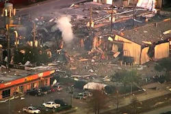 This aerial photo taken from video provided by KTRK-TV shows damage to buildings after an explosion in Houston on Friday, Jan. 24. A large explosion left rubble scattered in the area, damaged nearby homes and was felt for miles away. A fire continues to burn and people have been told to avoid the area.