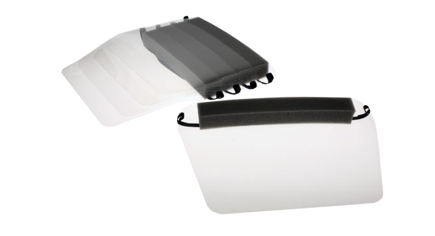 Paulson Manufacturing's disposable infectious disease control (IDC) face shield assembly (aka 'Spit Shield') with elastic attachment and foam forehead cushion. Sold in packs of 5 units.