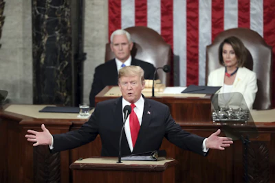 In this Feb. 5, 2019 file photo, President Donald Trump delivers his State of the Union address to a joint session of Congress on Capitol Hill in Washington, as Vice President Mike Pence and Speaker of the House Nancy Pelosi watch.