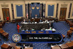 In this image from video, the final vote of 96-0 shows passage of the $2.2 trillion economic rescue package in response to coronavirus pandemic, passed by the Senate at the U.S. Capitol in Washington on Wednesday, March 25