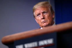 In this April 22, 2020, file photo, President Donald Trump listens during a briefing about the coronavirus in the James Brady Press Briefing Room of the White House, in Washington.