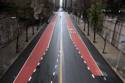 In this April 21 file photo, 42nd Street in New York has very little traffic.
