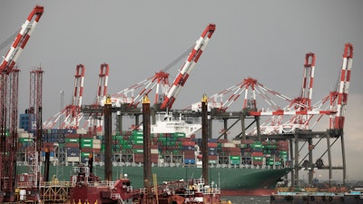 A container ship is docked at Maher Terminals in Elizabeth, N.J.