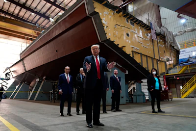 President Donald Trump speaks as he tours Fincantieri Marinette Marine on Thursday, June 25 in Marinette, WI