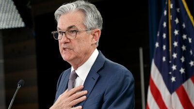 In this March 3, 2020 photo, Federal Reserve Chair Jerome Powell speaks during a news conference in Washington.