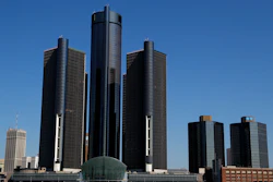 The Renaissance Center, headquarters for General Motors, along the Detroit skyline.
