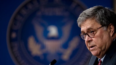 U.S. Attorney General William Barr speaks at the Gerald R. Ford Presidential Museum in Grand Rapids, Mich.