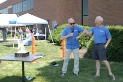 ISA President & CEO Ed Gerber (center) gives a social-distance elbow greeting to Jergens Inc. president Jack Schron (right) as Gerber recently presented Schron with ISA's John J. Buckley Lifetime Achievement Award at Jergens' Cleveland, OH headquarters.