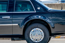 President Trump rides in 'the beast' on specially-made Goodyear tires, Joint Base Andrews, Suitland, MD on Aug. 14.