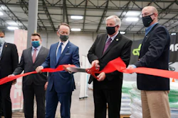 This photo from Optimas Solutions' ribbon-cutting ceremony for its new St. Louis distribution center shows, from left: Subash Alias, CEO, Missouri Partnership; Winston Calvert, St. Louis County Chief Strategy Officer; Steve Johnson, President and Chief Executive Officer, Alliance STL; Mike Parson, Governor, State of Missouri; Paul Przyby, VP, Sales and GM, Optimas.