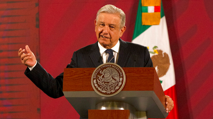 Mexican President Andrés Manuel López Obrador gives his daily news conference at the presidential palace in Mexico City, Oct. 16, 2020.