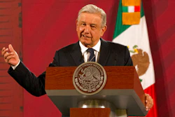Mexican President Andrés Manuel López Obrador gives his daily news conference at the presidential palace in Mexico City, Oct. 16, 2020.
