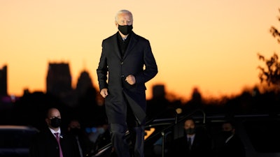 Democratic presidential candidate former Vice President Joe Biden arrives to speak at a rally at Belle Isle Casino in Detroit, Mich., Saturday, Oct. 31, 2020, which former President Barack Obama also attended.