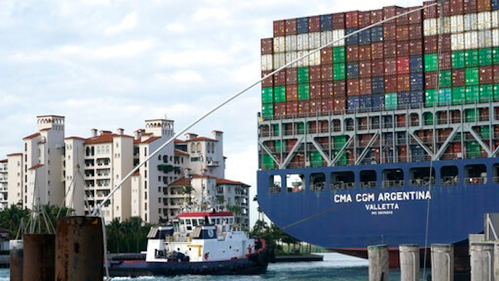 The CMA CGM Argentina arrives at PortMiami, the largest container ship to call at a Florida port, Tuesday, April 6, 2021, in Miami.