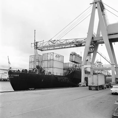 The Matson Hawaiian Citizen was one of the first ships converted into a container vessel, seen here at a San Francisco pier in 1963.