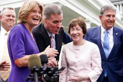 From left, Sen. Jon Tester, D-Mont., Sen. Lisa Murkowski, R-Alaska, Sen. Mark Warner, D-Va., Sen. Susan Collins, R-Maine, and Sen, Joe Manchin, D-W.Va., speak to the media after remarks by President Joe Biden on Thursday June 24, at the White House in Washington.