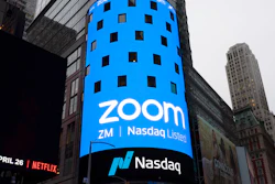 A sign for Zoom Video Communications ahead of the company's Nasdaq IPO in New York, April 18, 2019.