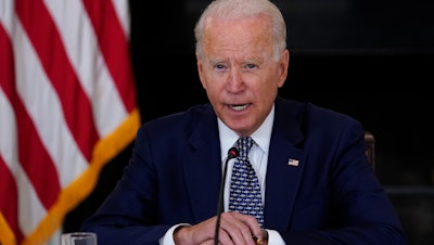 President Joe Biden speaks as he receives a briefing in the State Dining Room of the White House, Aug. 10, 2021.