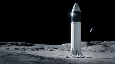 his is an illustration provided by SpaceX shows the SpaceX Starship human lander design that will carry the first NASA astronauts to the surface of the Moon under the Artemis program.