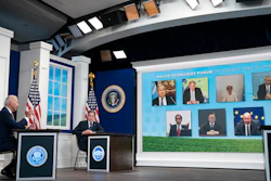 Secretary of State Antony Blinken listens as President Joe Biden delivers remarks to the Major Economies Forum on Energy and Climate, South Court Auditorium on the White House campus, Sept. 17, 2021.