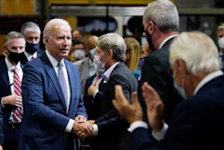 President Joe Biden greets the audience after delivering remarks at the NJ Transit Meadowlands Maintenance Complex, Oct. 25, 2021, Kearny, N.J.