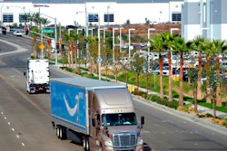 A semi-truck turns into an Amazon Fulfillment center in Eastvale, CA on Nov. 12, 2020.