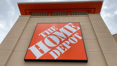A Home Depot logo sign on its facade on May 14, 2021, in North Miami, Fla.