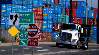 ,Cargo containers sit stacked at the Port of Los Angeles, Wednesday Oct. 20, 2021 in San Pedro, Calif. California Gov. The Los Angeles-Long Beach port complex will begin fining shipping companies if they let cargo containers stack up as the nation's busiest twin harbors deal with an unprecedented backlog of vessels. The Los Angeles and Long Beach harbor commissions voted Friday, Oct. 29, 2021 to implement a 90-day “container excess dwell fee” that sets time limits on how long containers can stay at marine terminals.